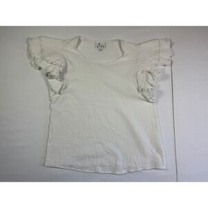 Mira White Cotton Gauze Flutter Sleeve Ruffle Blouse Womens Large Scoop Neck Top